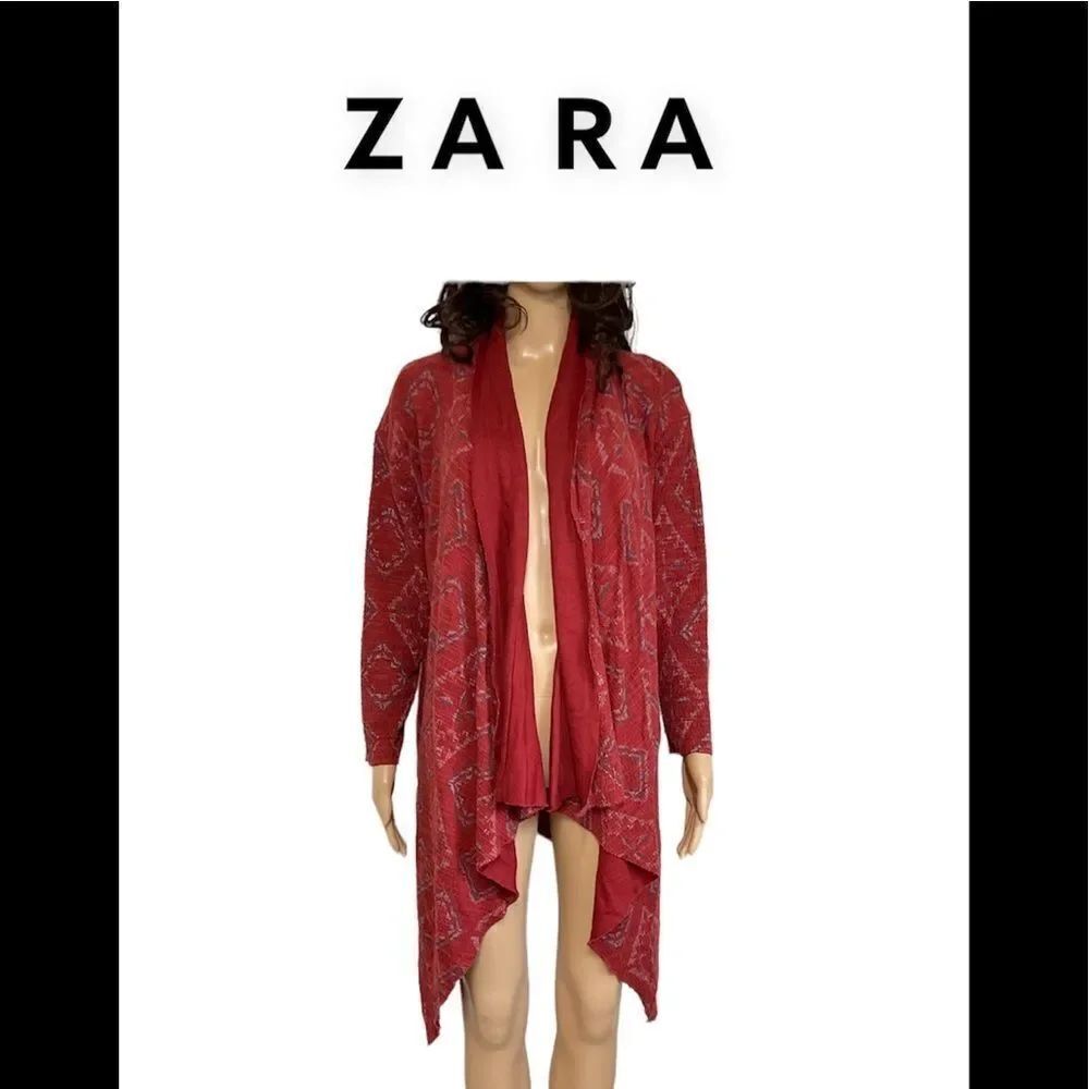 ZARA maroon aztec print boho oversized drape open front cardigan M